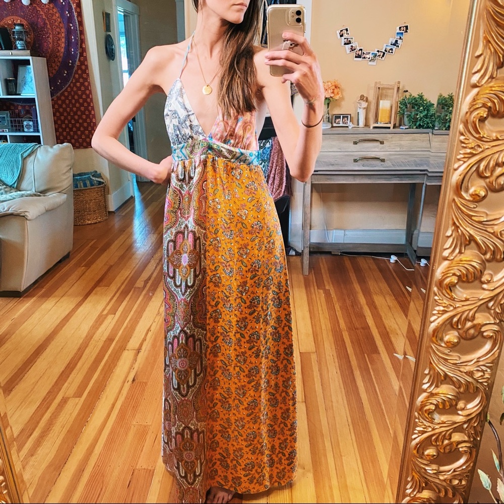 Vintage 100% Silk Y2k Patchwork Backless Halter G… - image 5